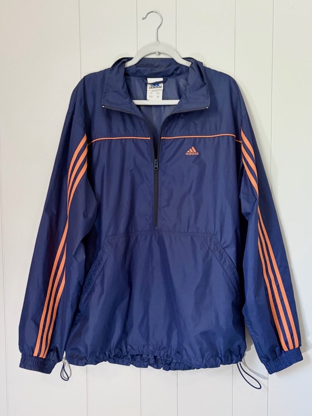 adidas Navy Windbreaker 1/4 Zip Jacket Orange Stripes Trim Unisex Large